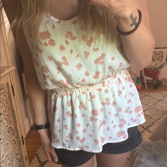 Cream + Pink Peplum Tie Sleeve Cami - Picture 1 of 9
